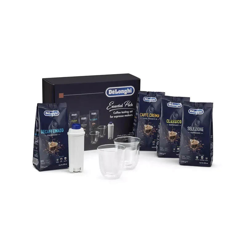 DeLonghi Pack Essential caffè in grani 4 x 250 g, due bicchieri Cappuccino e filtro d‘acqua DLSC317