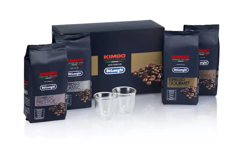 DeLonghi Kit de degustación de café Kimbo 4 x 250 g, y dos vasos de café Espresso DLSC316