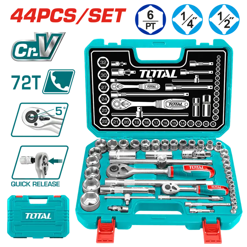 Set di chiavi a bussola 1/4” e 1/2” in valigetta, 44 pezzi