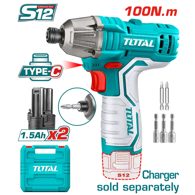 Avvitatore ad Impulsi 12V, 1/4", 100 Nm - Set Completo