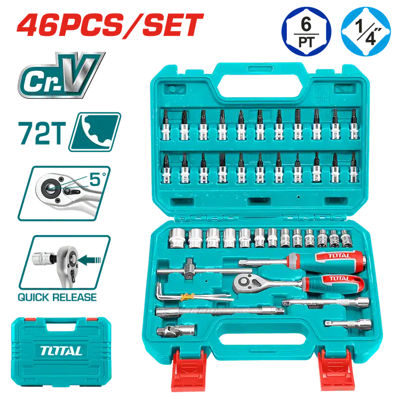 Set di chiavi a bussola 1/4” in valigetta, 46 pezzi