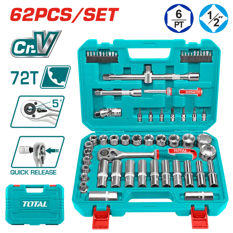 Set di chiavi a bussola 1/2” in valigetta, 62 pezzi