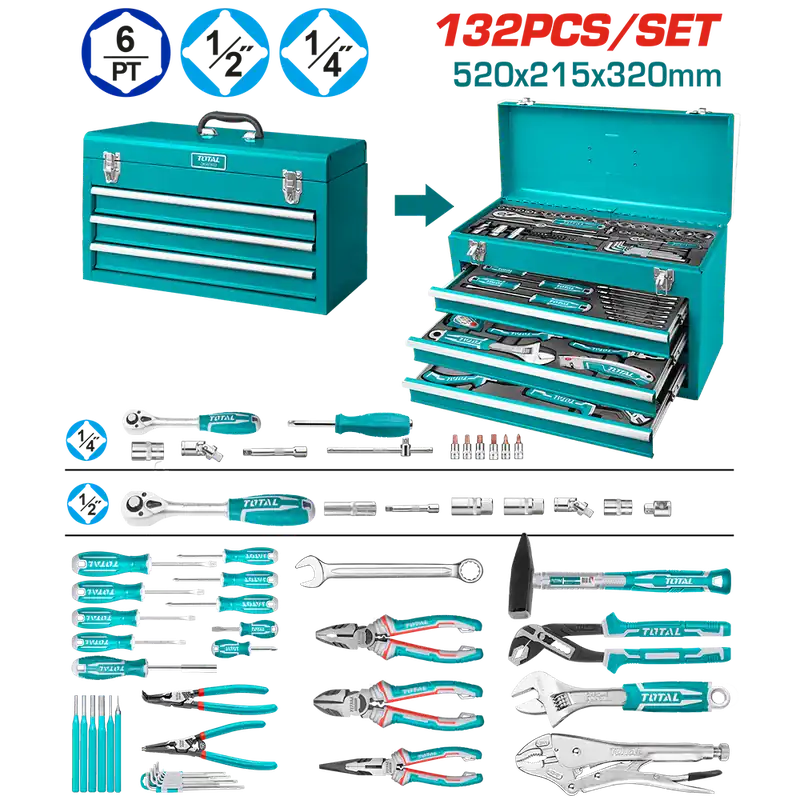 Set di Utensili Manuali in Cassettiera, 132 Pezzi