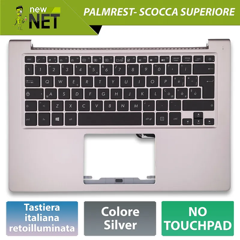 Top Case 90NB08V2-R31IT0 per ASUS Zenbook UX303 con Tastiera italiana retroilluminata, Colore Argento