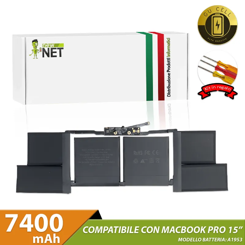Batteria A1953 per Macbook Pro 15″ A1990 (metà 2018, anno 2019) – 11.4 V / 7400 mAh (GU Cell) (Kit di montaggio incluso)