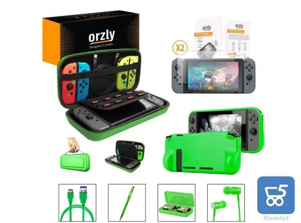 Essential Pack per Nintendo Switch Case 2 vetri protettivi Grip Case Porta Cavo USB Cartucce Cuffie Penna Colore VERDE