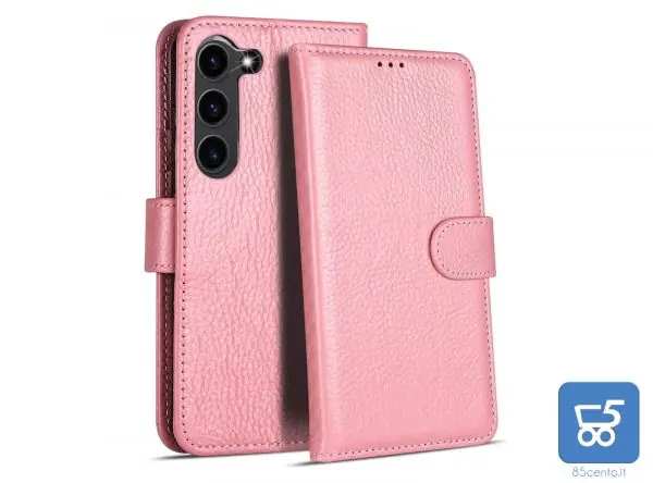 Custodia a Libro per Samsung Galaxy S23 in Pelle Rosa Con Scomparti interni