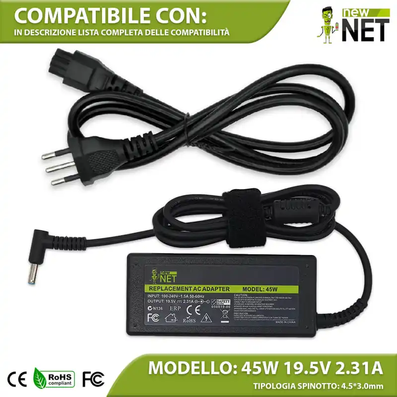 Alimentatore 45W per HP 250 G2 Series – 19.5 V / 2.31 A – 4.5 x 3.0 mm