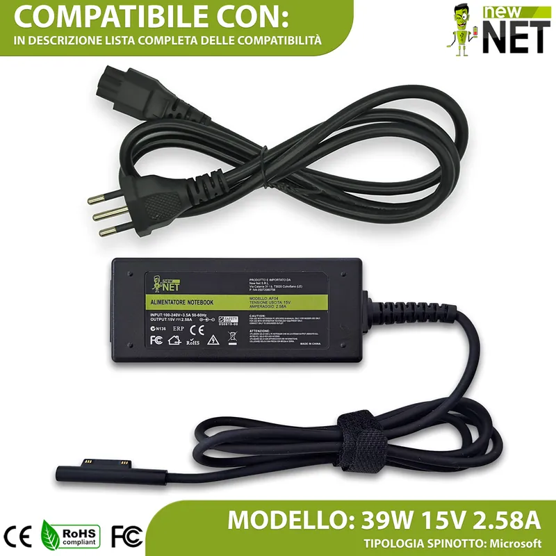 Alimentatore 39W per Microsoft Surface Book, Laptop, Pro, Go – 15V/2.58A