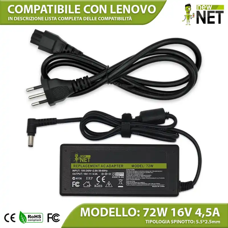 Alimentatore 72W per Lenovo – 16 V / 4.5 A – 5.5 x 2.5 mm
