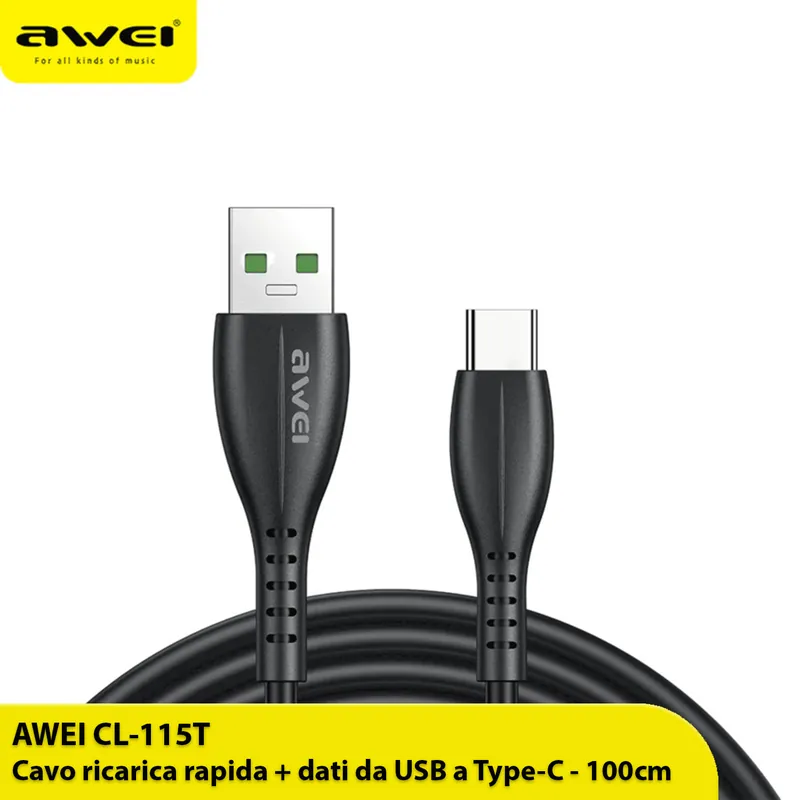 Cavo CL-115T Ricarica Veloce da USB-A a Type-C – 2.4A / 20W /100 cm – Nero