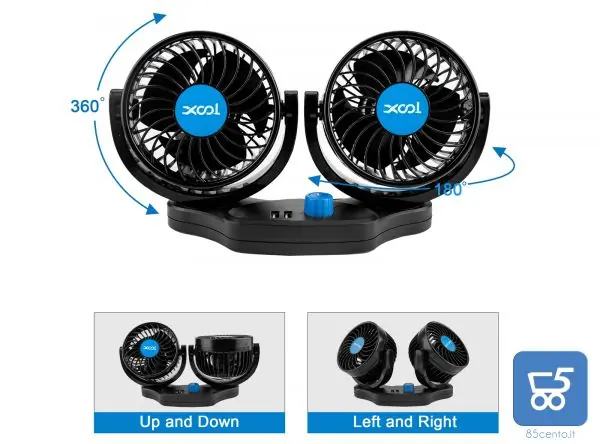 Ventilatore per Auto Elettrico Rotazione 360 gradi 12 V per SUV camper veicoli 2 porte di Ricarica USB
