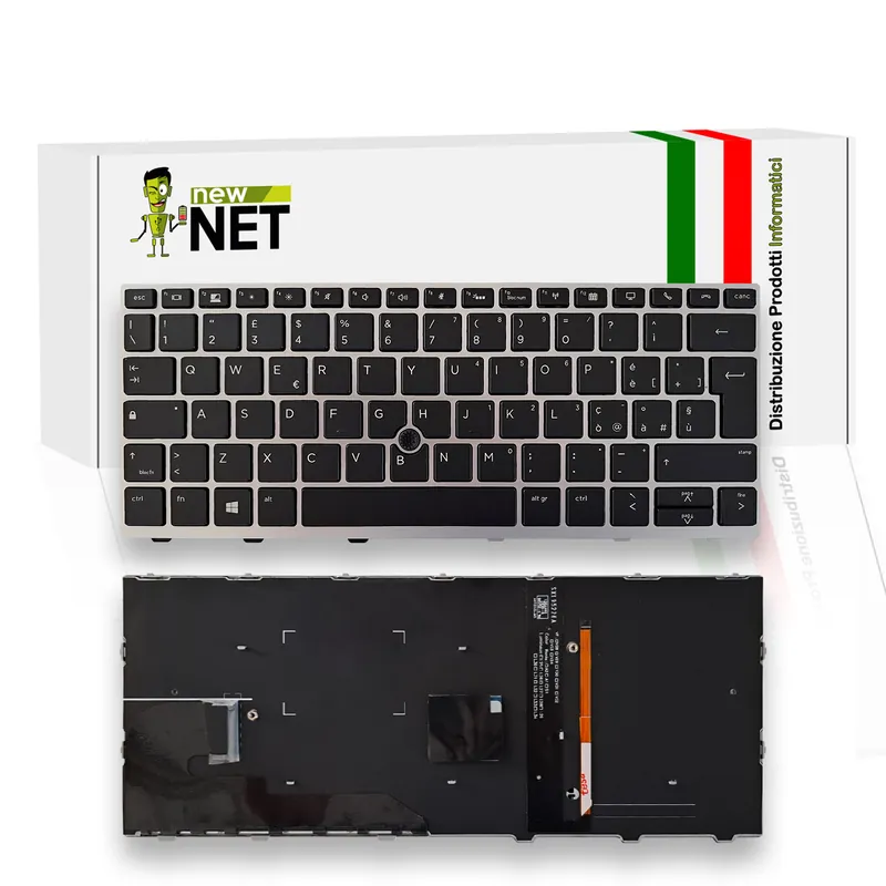 Tastiera retroilluminata per HP EliteBook 830 G5, 830 G6, 735 G5, 735 G6 con frame silver e trackpoint
