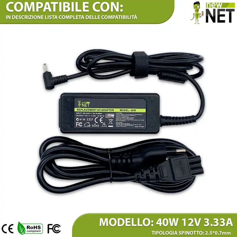 Alimentatore 40W per Samsung Chromebook – 12 V / 3.33 A – 2.5 x 0.7 mm