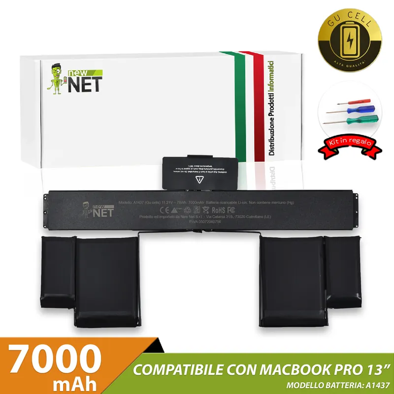 Batteria A1437 per Macbook Pro 13″ A1425 (anno 2012, 2013) – 11.21 V / 7000 mAh (GU Cell) (Kit di montaggio incluso)