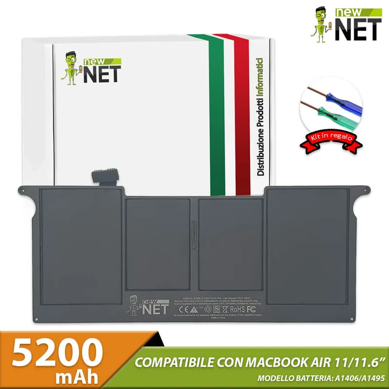 Batteria A1406 A1495 per Macbook Air 11″ A1370 (anno 2011) A1465 (dal 2012 al 2015) – 7.6 V / 5200 mAh (Kit di montaggio incluso)