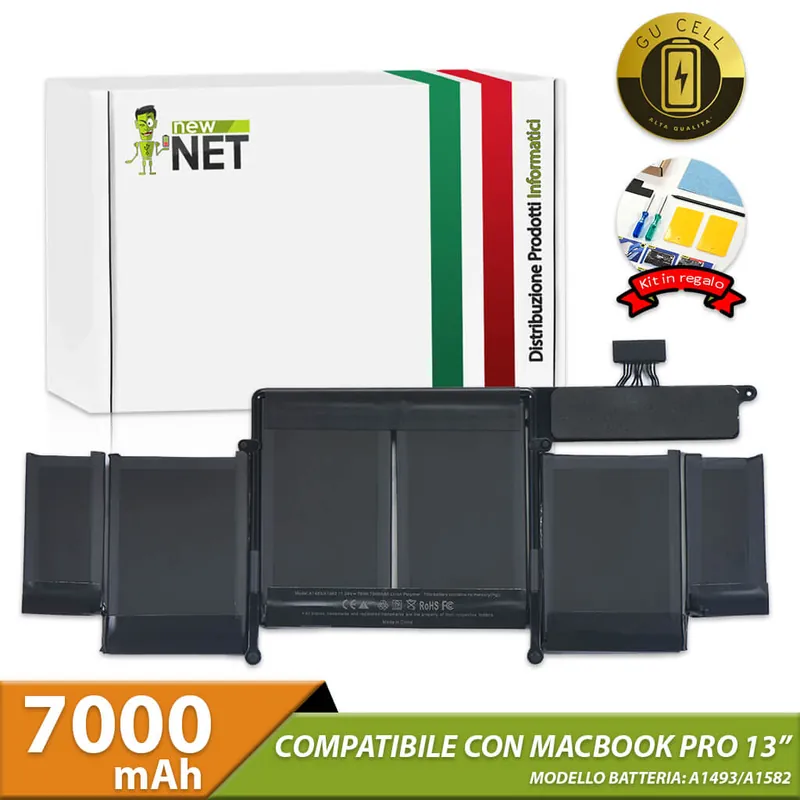 Batteria A1493 A1582 per Macbook Pro Retina 13″ A1502 (anno 2013 2014 2015) – 11.34 V / 7000 mAh (GU Cell) (Kit di montaggio incluso)