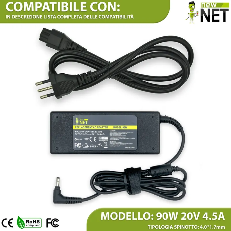 Alimentatore per Lenovo – spinotto 4.0×1.7 mm – 20V 4.5A 90W