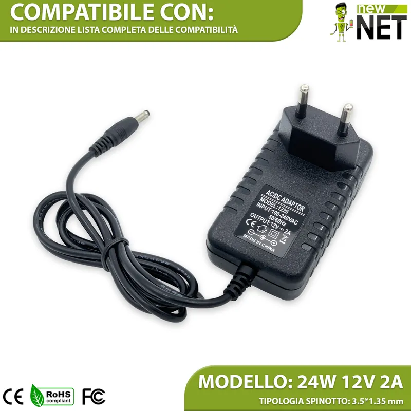 Alimentatore Universale 24W per CCTV Telecamere Strisce Led e altro / 12V 2A ( 3.5×1.35 mm)